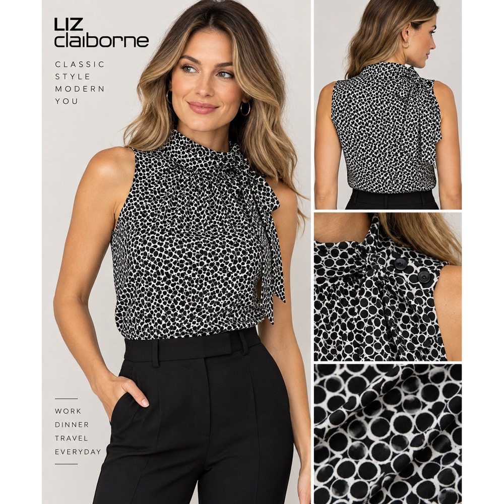 Liz Claiborne Womens S Black White Geometric Tie Neck Sleeveless Blouse Top